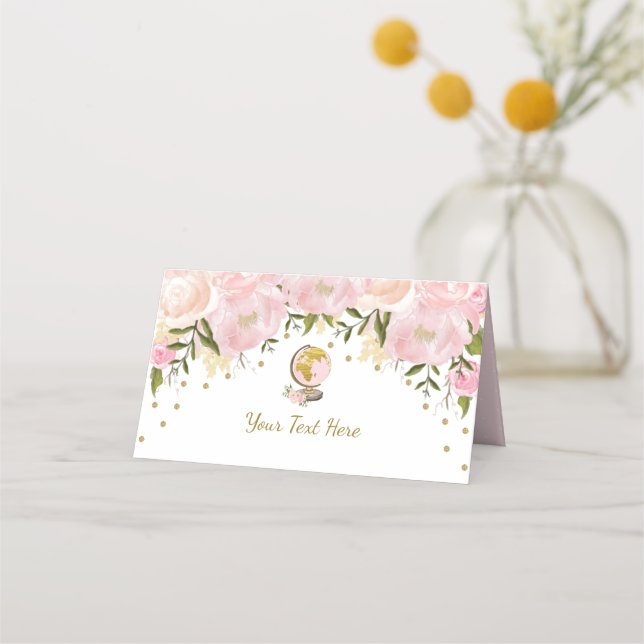Watercolor Pink Gold Travel Adventure Baby Shower Place Card (Front)