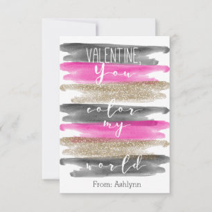 Watercolor Pink Gold You Colour My World Valentine