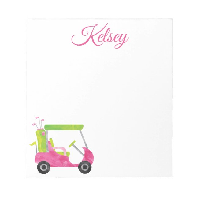 Watercolor Pink Golf Cart Personalized Notepad (Front)