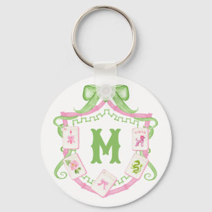 Watercolor Pink & Green Bow Mahjong Monogram Crest Keychain