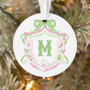Watercolor Pink & Green Bow Mahjong Monogram Crest Ornament