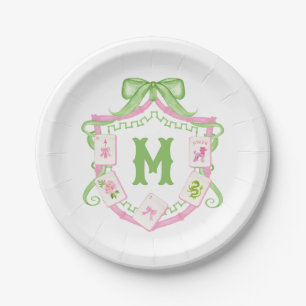 Watercolor Pink & Green Bow Mahjong Monogram Crest Paper Plate