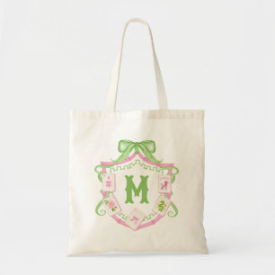 Watercolor Pink & Green Bow Mahjong Monogram Crest Tote Bag