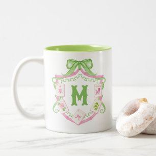 Watercolor Pink & Green Bow Mahjong Monogram Crest Two-Tone Coffee Mug