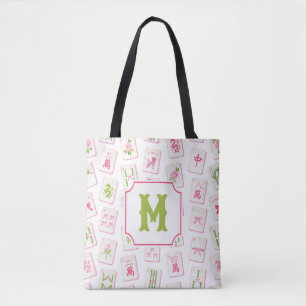 Watercolor Pink & Green Bow Mahjong Tiles Monogram Tote Bag