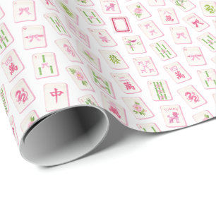 Watercolor Pink & Green Bow Mahjong Wrapping Paper