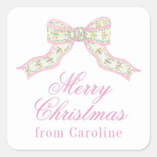 Watercolor Pink & Green Butterfly Bow Christmas Square Sticker