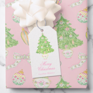 Watercolor Pink & Green Christmas Chinoiserie Tree Gift Tags