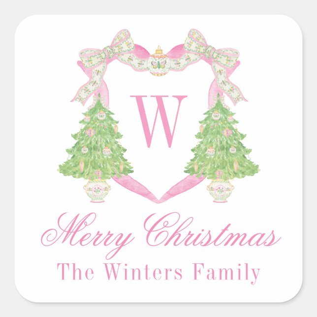 Watercolor Pink & Green Christmas Monogram Crest Square Sticker (Front)