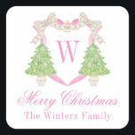 Watercolor Pink & Green Christmas Monogram Crest Square Sticker<br><div class="desc">PreppyPrint.com - Celebrate Christmas in style! Add your personalized touch. Transfer this design onto the products of your choice too! Please visit my designer store,  PreppyPrint.com,  for coordinating items.</div>