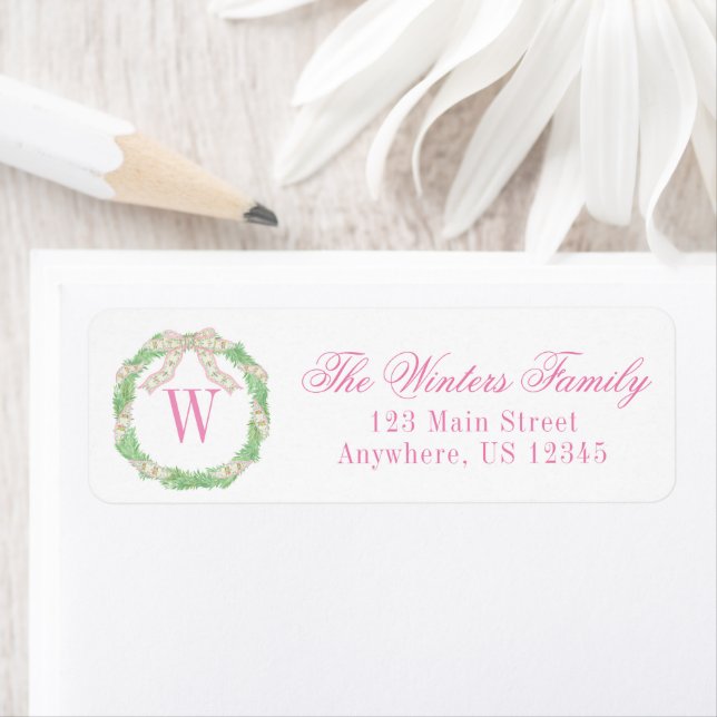 Watercolor Pink & Green Christmas Monogram Wreath (Insitu)