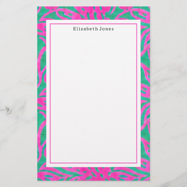 Watercolor Pink + Green Damask Stationery (Front)