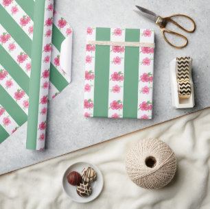 Watercolor Pink & Green Flowers and Stripes Wrapping Paper