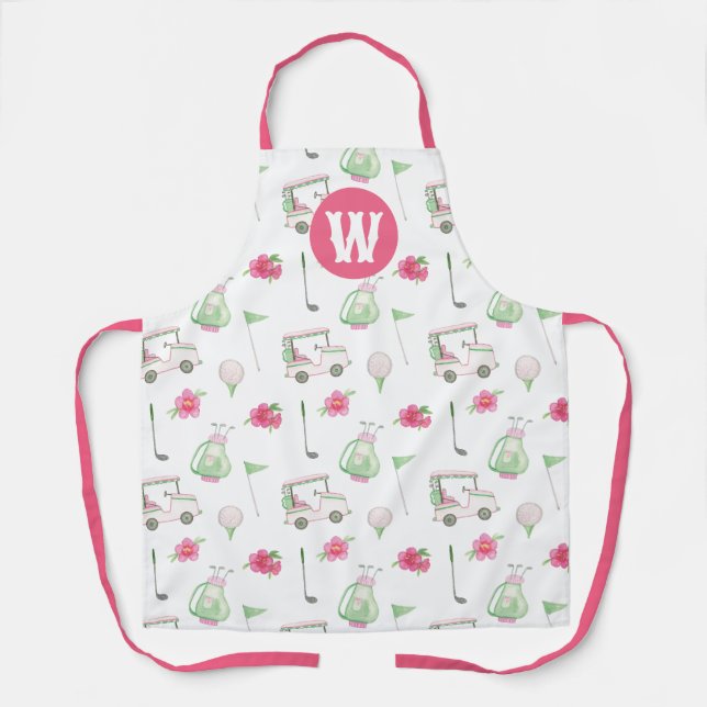 Watercolor Pink & Green Golf Cart Monogram Apron (Front)