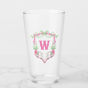 Watercolor Pink & Green Golf Cart Monogram Crest Glass