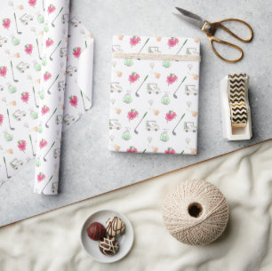 Watercolor Pink & Green Golf Cart Tournament Wrapping Paper