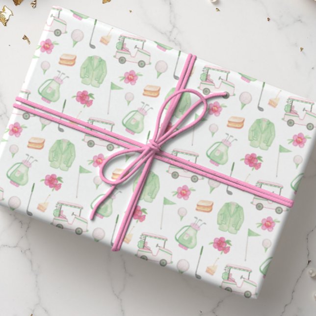 Watercolor Pink & Green Golf Cart Tournament Wrapping Paper (Creator Uploaded)
