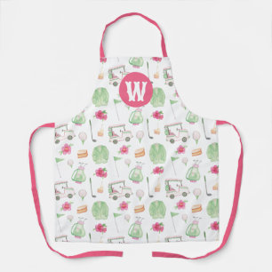 Watercolor Pink & Green Golf Tournament Monogram Apron