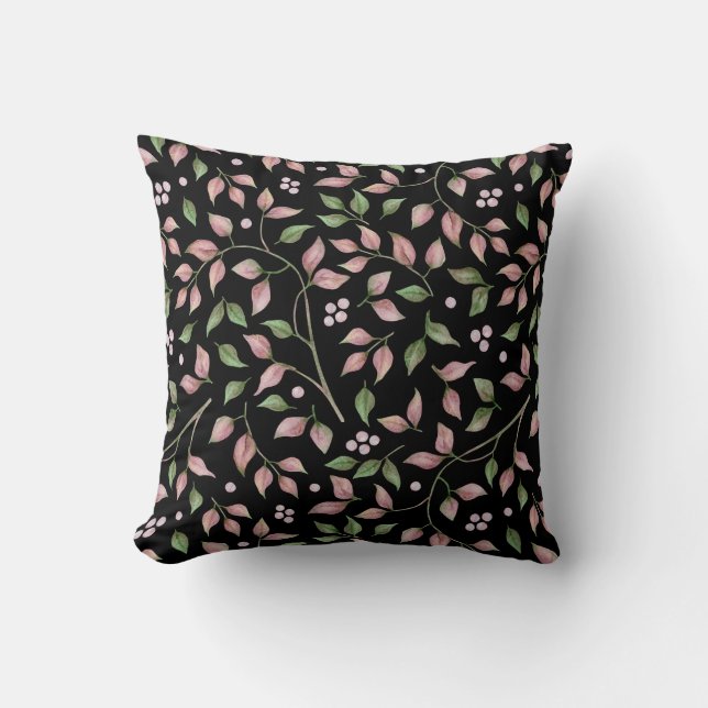 Watercolor Pink Green Leaves on Black | Throw Pillow (Front)