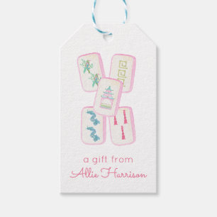Watercolor Pink & Green Mahjong Tiles Personalized Gift Tags