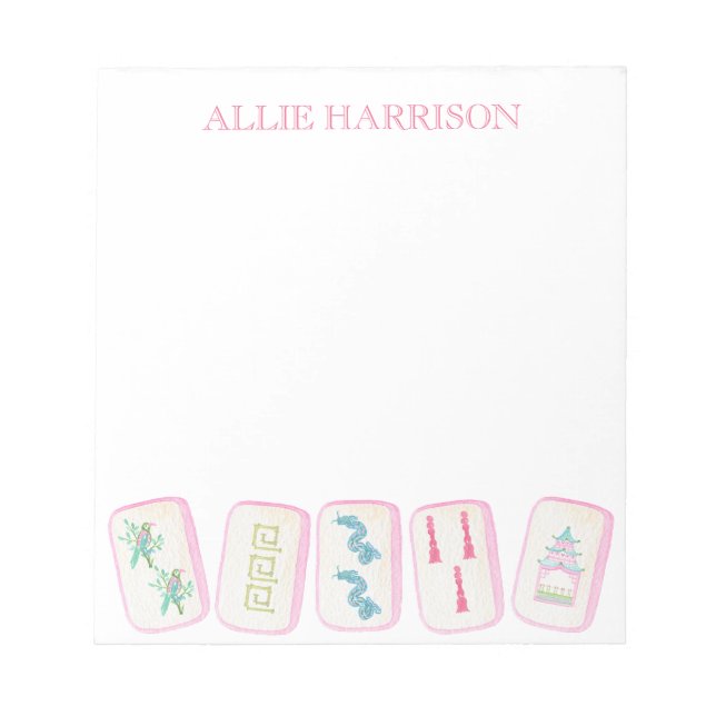Watercolor Pink & Green Mahjong Tiles Personalized Notepad (Front)