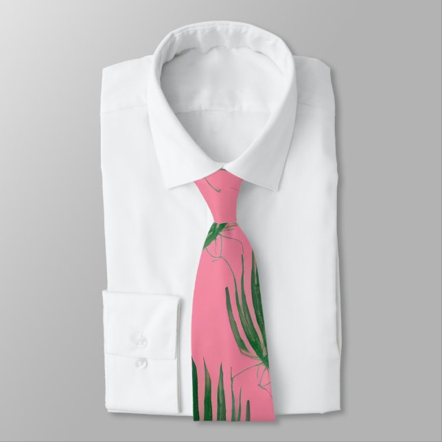 Watercolor Pink & Green Palm Tree Leaf Pattern Tie (Tied)