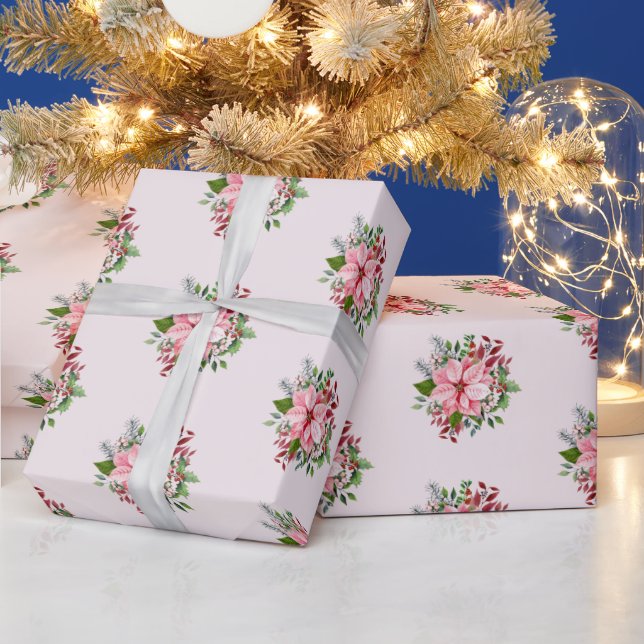 Watercolor Pink & Green Poinsettia Bouquet Pattern Wrapping Paper (Holidays)