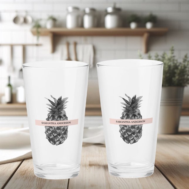 Watercolor Pink & Grey Pineapple | Your  Name Glass (Creator Uploaded)