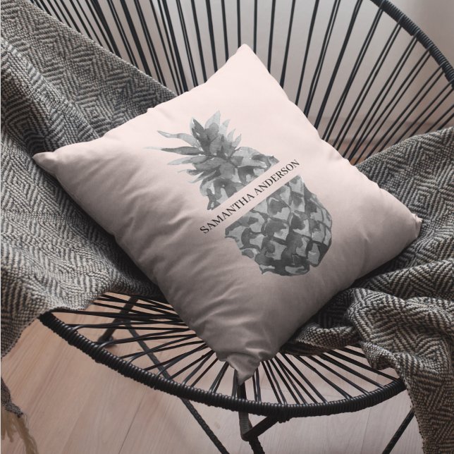 Watercolor Pink & Grey Pineapple | Your  Name Outdoor Pillow (Creator Uploaded)