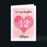Watercolor Pink Heart 12th Birthday Daughter Card<br><div class="desc">A personalized daughter 12th birthday card that features a watercolor heart against pink watercolor. You can personalize the heart with the age you need and add her name underneath the heart. The inside message can be easily edited if wanted. The back of the card says Happy Birthday, which can also...</div>