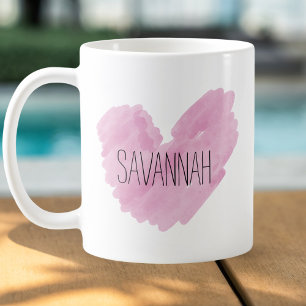 Watercolor Pink Heart Customizable Name Coffee Mug