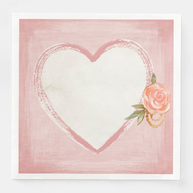 Watercolor Pink Heart & Rose Napkin (Front)