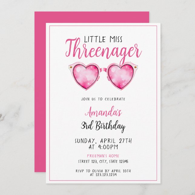 Watercolor Pink Heart Sunglasses 3rd Birthday Invitation (Front/Back)