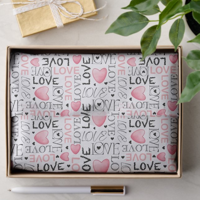 Watercolor Pink Hearts Love Script Valentine's Day Tissue Paper (Creator Uploaded)