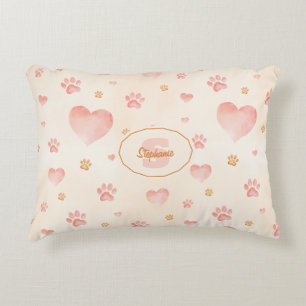 Watercolor Pink Hearts & Paw Prints Pattern Accent Pillow