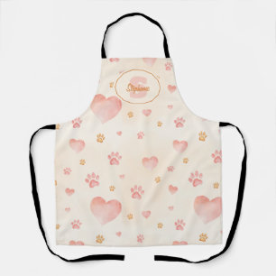 Watercolor Pink Hearts & Paw Prints Pattern Apron