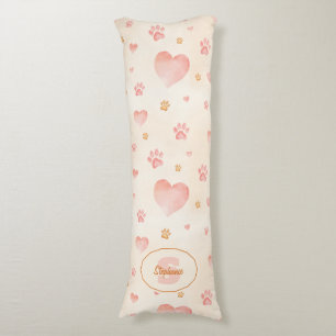 Watercolor Pink Hearts & Paw Prints Pattern Body Pillow