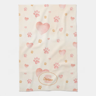 Watercolor Pink Hearts & Paw Prints Pattern Kitchen Towel