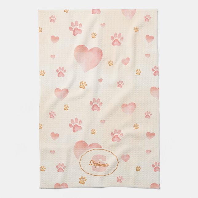 Watercolor Pink Hearts & Paw Prints Pattern Kitchen Towel (Vertical)