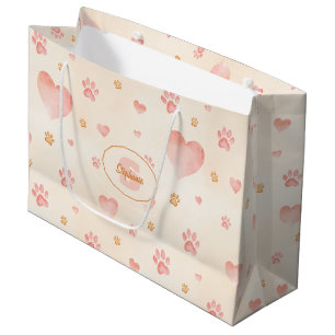 Watercolor Pink Hearts & Paw Prints Pattern Large Gift Bag