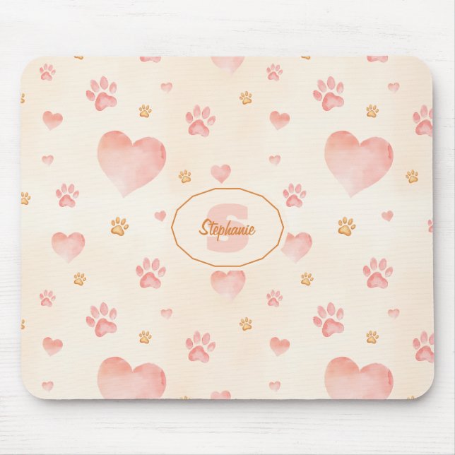 Watercolor Pink Hearts & Paw Prints Pattern Mouse Pad (Front)