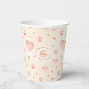 Watercolor Pink Hearts & Paw Prints Pattern Paper Cups