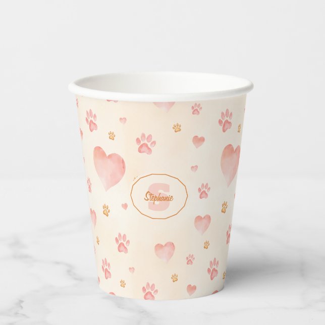 Watercolor Pink Hearts & Paw Prints Pattern Paper Cups (Front)