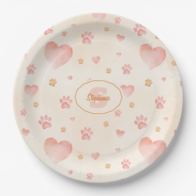 Watercolor Pink Hearts & Paw Prints Pattern Paper Plate (Front)