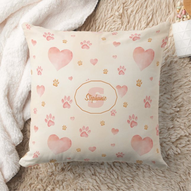 Watercolor Pink Hearts & Paw Prints Pattern Throw Pillow (Blanket)