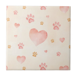 Watercolor Pink Hearts & Paw Prints Pattern Tile