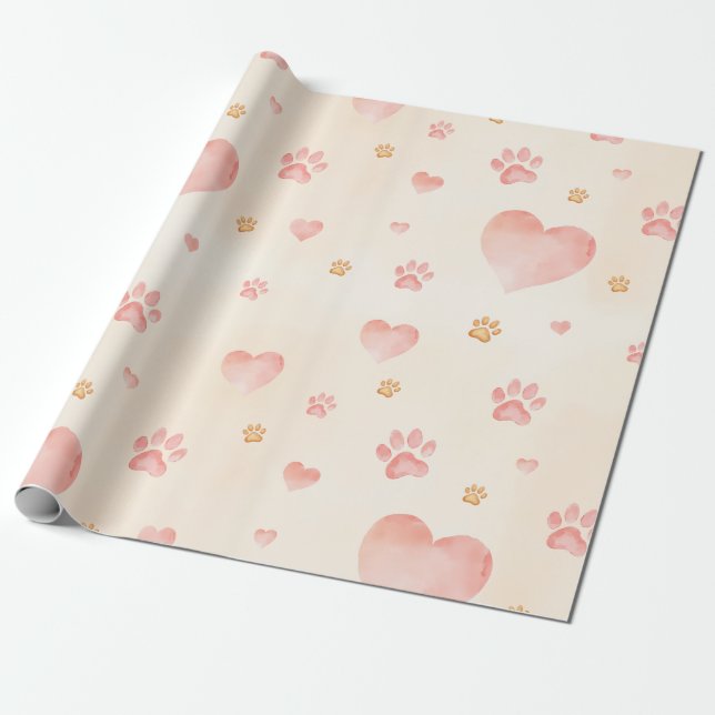 Watercolor Pink Hearts & Paw Prints Pattern Wrapping Paper (Unrolled)