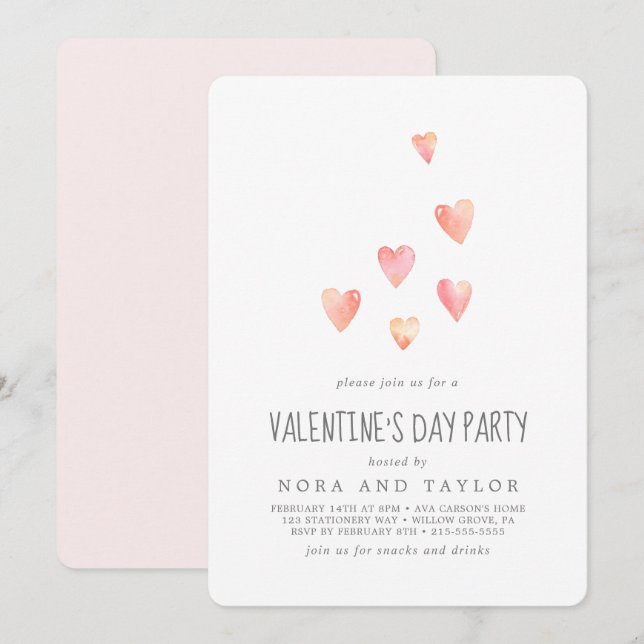 Watercolor Pink Hearts Valentine's Day Party Invitation (Front/Back)
