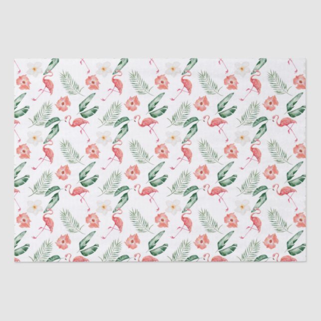 Watercolor Pink Hibiscus and Flamingo Tropical  Tissue Paper (Front)