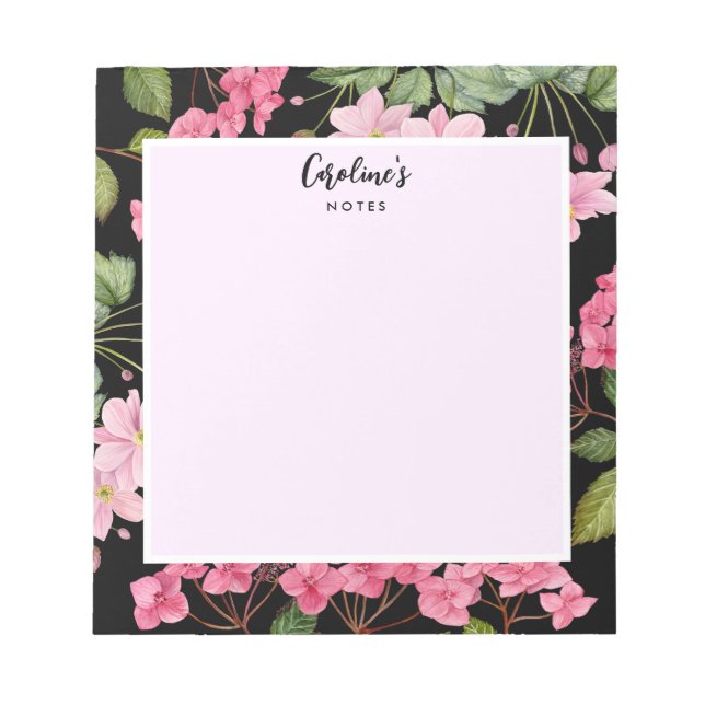 Watercolor Pink Hydrangea and Japanese Anemone Notepad (Front)